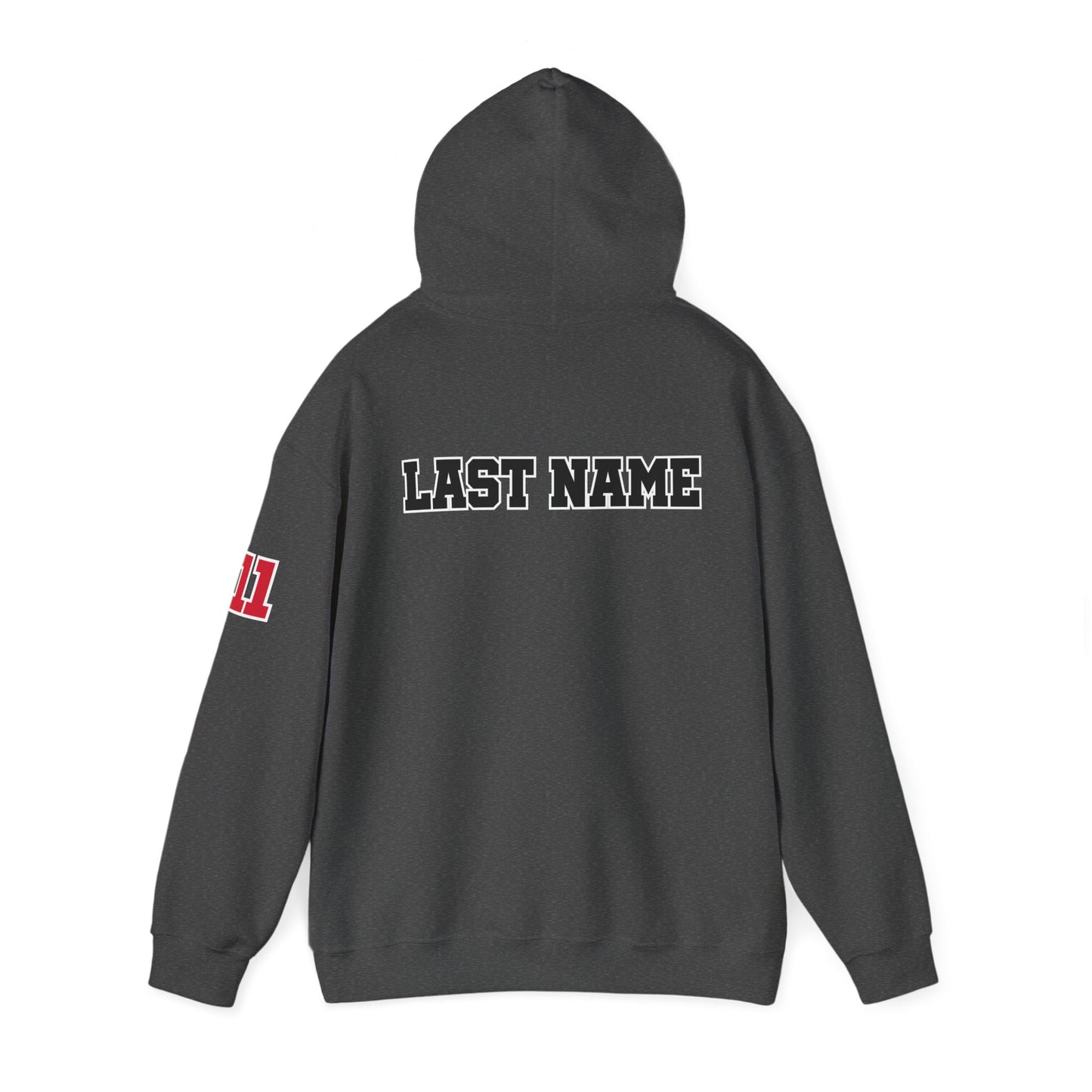 Personalized Unisex Heavy Blend™ Hooded Sweatshirt Last Name and One Number on Sleeve