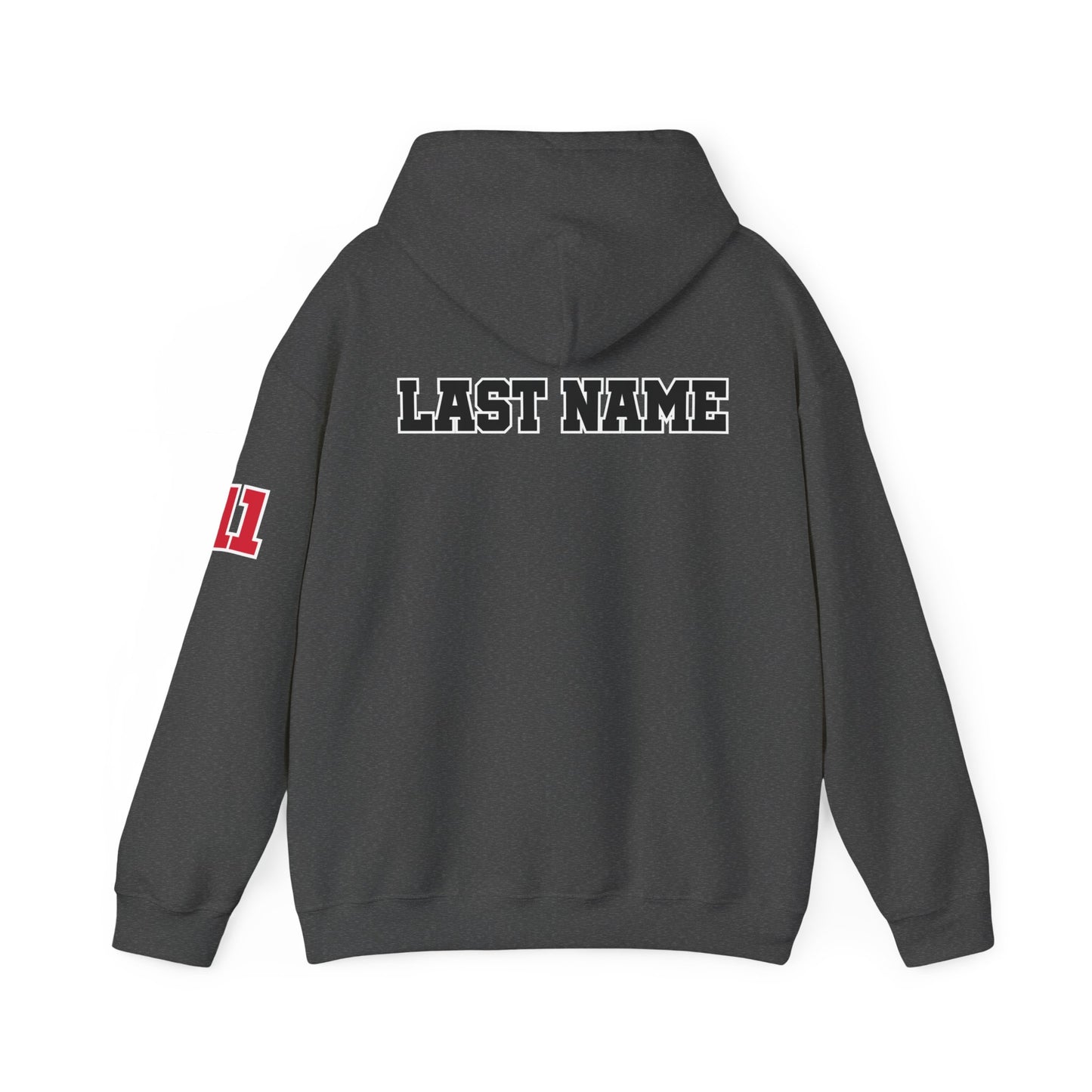 Personalized Unisex Heavy Blend™ Hooded Sweatshirt Last Name and One Number on Sleeve